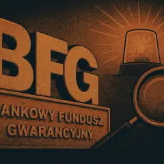 Trójwymiarowe litery BFG nad tabliczką "BANKOWY FUNDUSZ GWARANCYJNY". Obok lupa i migająca lampka ostrzegawcza.