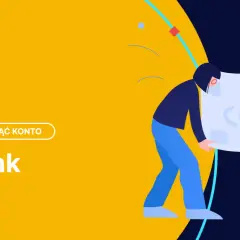 Ilustracja z napisem "Jak zamknąć konto w mBank". Postać pochyla się nad symbolem przekreślonego konta.