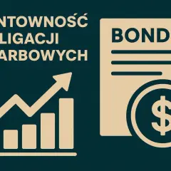Wykres wzrostu i dokument z napisem "BONDS" oraz symbolem dolara. Ilustracja wyjaśnia, co to jest rentowność obligacji skarbowych.