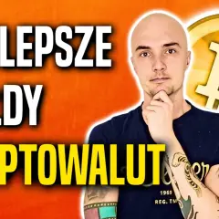 Mężczyzna zastanawia się nad najlepszą giełdą kryptowalut, obok symbol Bitcoina i znak zapytania.