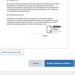 Jak podpisać dokument profilem zaufanym? Widoczny fragment umowy z polem na podpis elektroniczny i przyciskiem "Podpisz podpisem zaufanym".