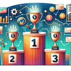 Trzy puchary na podium symbolizują sukces funduszy obligacji. Wykresy i monety sugerują wzrost wartości.