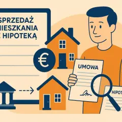 Mężczyzna analizuje umowę i dokumenty dotyczące sprzedaży mieszkania z hipoteką. Proces sprzedaży nieruchomości z hipoteką jest przedstawiony krok po kroku.