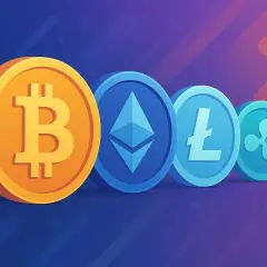 Ikony Bitcoin, Ethereum, Litecoin i Ripple. Zastanawiasz się, w jakie kryptowaluty inwestować długoterminowo?