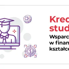 Grafika przedstawia ikonki związane z finansami i edukacją, symbolizujące kredyt studencki.