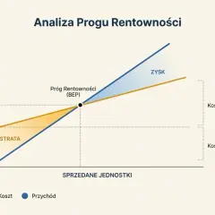 Wykres analizy progu rentowności pokazuje punkt, w którym przychody zrównują się z kosztami. Obszar poniżej to strata, powyżej to zysk.