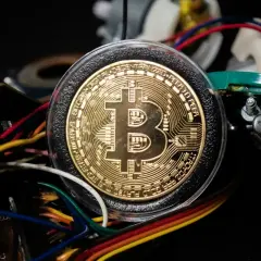 Złoty Bitcoin otoczony przewodami i elementami elektronicznymi, symbolizujący, jak działa koparka kryptowaluty.