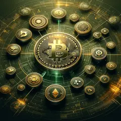 Złote monety kryptowalut, w tym Bitcoin i Ethereum, wirują na tle cyfrowej sieci. To wizualizacja tego, co to są altcoiny i ich miejsce w ekosystemie.