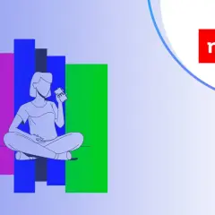 Ilustracja przedstawia osobę z telefonem, obok kolorowych prostokątów. Dowiedz się, jak usunąć zaufane urządzenie mBank.