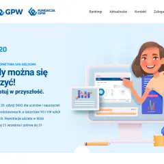 Grafika promuje grę giełdową SIGG, ucząc jak grać na giełdzie. Uśmiechnięta dziewczyna pokazuje wykresy i kalkulator, symbolizując naukę inwestowania.