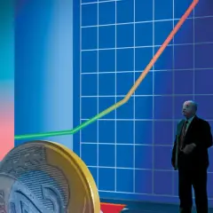 Biznesmen patrzy na wykres wzrostu, symbolizujący potencjalny zysk lub niebezpieczną lichwę. Moneta sugeruje finanse.