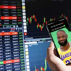Czy giełda to hazard? Na ekranie telefonu LeBron James z pytaniem, czy idzie do kasy. Wykresy giełdowe w tle.