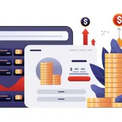 Ilustracja przedstawia nowoczesne narzędzia fintech: wykresy, stosy monet i ikony dolara symbolizujące wzrost finansowy i inwestycje.