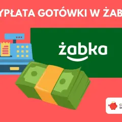 W Żabce możesz wypłacić gotówkę. Obrazek przedstawia kasę fiskalną, banknoty i logo Żabki.
