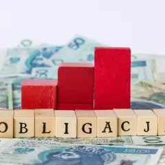 Drewniane klocki z napisem "OBLIGACJE" na tle polskich banknotów. Symbolizują one, kto emituje obligacje skarbowe.