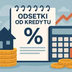 Dom na monetach, kalkulator i rosnący wykres symbolizują odsetki od kredytu.
