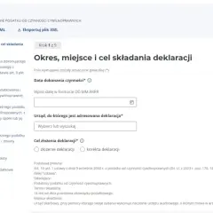 Formularz PCC-3(6) - Okres, miejsce i cel składania deklaracji. Wpisz datę czynności, wybierz urząd skarbowy i zaznacz cel złożenia deklaracji.