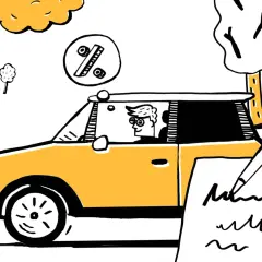 Mężczyzna w okularach siedzi za kierownicą żółtego samochodu, myśląc o procencie. Obok leży dokument z podpisem i monetami, sugerując kredyt na samochód.
