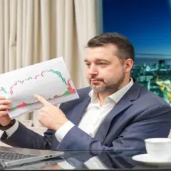 Mężczyzna analizuje wykresy, zastanawiając się, jak zarobić na giełdzie 200 złoty dziennie.