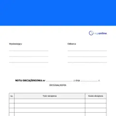 Formularz nota obciążeniowa z polami na dane wystawcy, odbiorcy, numer i datę dokumentu oraz tabelą na tytuł i kwotę obciążenia.