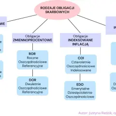 Schemat rodzajów obligacji skarbowych: stałoprocentowe, zmiennoprocentowe, indeksowane inflacją. Różne oprocentowanie i okresy.