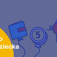 Konto dla dziecka: portfel, moneta z cyfrą 5 i skarbonka w kształcie świnki unoszą się jak balony.