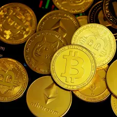 Złote monety z symbolami Bitcoin, Ethereum i Dogecoin leżą na wykresie finansowym. To pokazuje, co to są kryptowaluty.