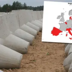Betonowe falochrony i mapa Europy z zaznaczonymi krajami objętymi programem SAFE. Pożyczka safe w Europie.