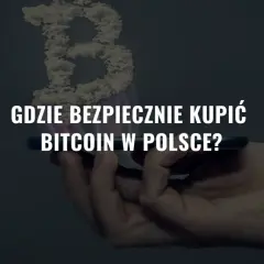 Dłoń trzyma smartfon, z którego wyrasta chmurowy symbol Bitcoina. Tekst pyta: "Gdzie bezpiecznie kupić Bitcoin w Polsce?".