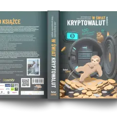 Kryptowaluty od czego zacząć? Książka "Jak bezpiecznie w świat kryptowalut" z leniwcem na stosie monet.
