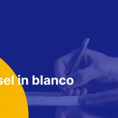 Dłoń podpisuje dokument, tekst "Weksel in blanco" na żółtym tle.