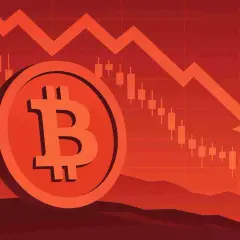 Symbol bitcoina na tle wykresu świecowego z czerwoną strzałką w dół. To wizualizacja tego, dlaczego kryptowaluty spadają.