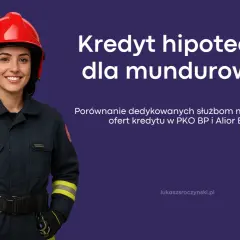Uśmiechnięta strażaczka w hełmie. Kredyt hipoteczny dla mundurowych to oferta PKO BP i Alior Bank.