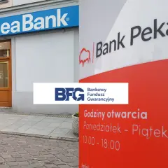 Idea Bank i Bank Pekao obok siebie. Na czerwonym słupie godziny otwarcia: poniedziałek-piątek 10:00-18:00.