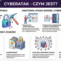 Ilustracja wyjaśnia, czym jest cyberatak, jego anatomię i najczęstsze metody, takie jak phishing czy ransomware.