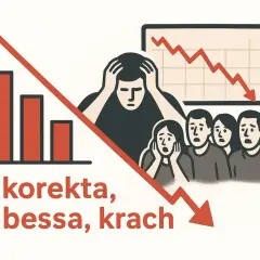 Ludzie z przerażeniem patrzą na wykresy giełdowe, które pokazują spadki. To korekta, bessa, krach.