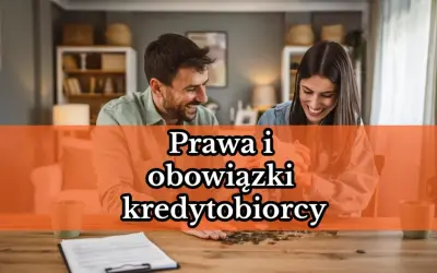 Uśmiechnięta para analizuje dokumenty. Tekst na zdjęciu: "Prawa i obowiązki kredytobiorcy".
