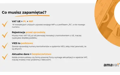 W transakcjach unijnych używaj swojego NIP-u z prefiksem „PL". Pamiętaj o rejestracji VAT UE przed sprzedażą i sprawdzaj kontrahentów w VIES. Aktualne dane to bezpieczeństwo.