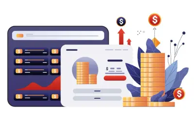 Ilustracja przedstawia nowoczesne narzędzia fintech: wykresy, stosy monet i ikony dolara symbolizujące wzrost finansowy i inwestycje.