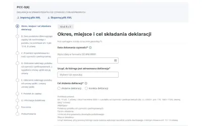 Formularz PCC-3(6) - Okres, miejsce i cel składania deklaracji. Wpisz datę czynności, wybierz urząd skarbowy i zaznacz cel złożenia deklaracji.