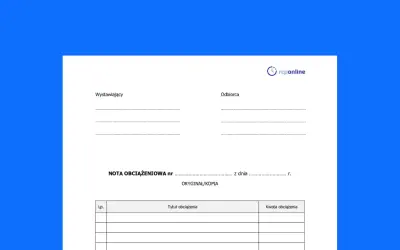 Formularz nota obciążeniowa z polami na dane wystawcy, odbiorcy, numer i datę dokumentu oraz tabelą na tytuł i kwotę obciążenia.