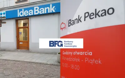 Idea Bank i Bank Pekao obok siebie. Na czerwonym słupie godziny otwarcia: poniedziałek-piątek 10:00-18:00.