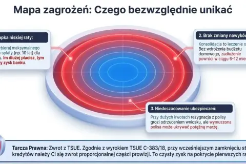 Mapa zagrożeń: pułapka niskiej raty, brak zmiany nawyków (konsolidacja leczy objawy), niedoszacowanie ubezpieczeń. Tarcza Prawna: zwrot prowizji.