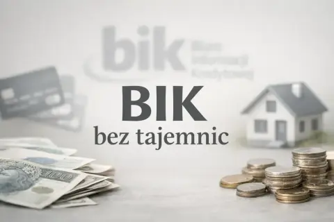 BIK bez tajemnic: pieniądze, karty, dom i logo biura informacji kredytowej.