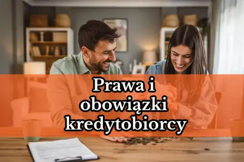 Uśmiechnięta para analizuje dokumenty. Tekst na zdjęciu: "Prawa i obowiązki kredytobiorcy".
