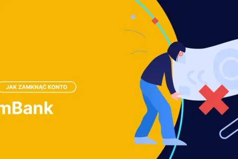 Ilustracja z napisem "Jak zamknąć konto w mBank". Postać pochyla się nad symbolem przekreślonego konta.