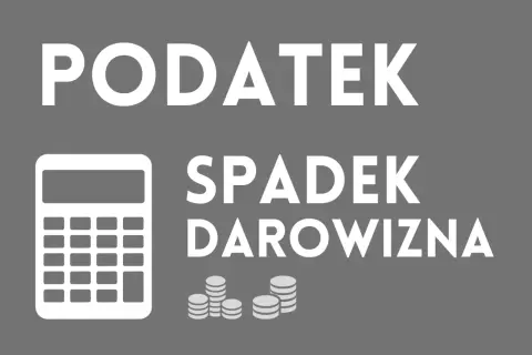 Kalkulator, stosy monet i napisy "PODATEK", "SPADEK", "DAROWIZNA". Obliczanie podatku od spadków i darowizn.