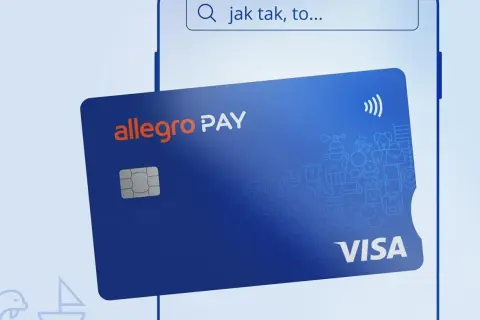 Karta Allegro Pay z symbolem zbliżeniowym i ikonami zakupów.