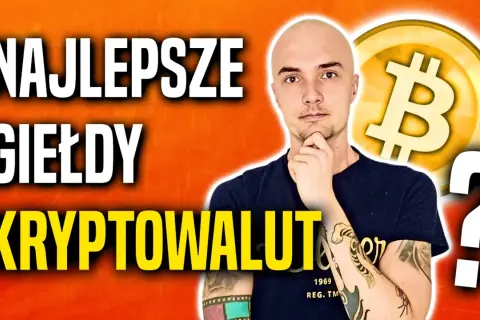 Mężczyzna zastanawia się nad najlepszą giełdą kryptowalut, obok symbol Bitcoina i znak zapytania.