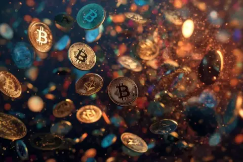 Złote monety z symbolem "B" wirują w powietrzu, sugerując, która kryptowaluta wystrzeli.